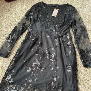 Boohoo Sequin Print Dress Black - Size 12 Women